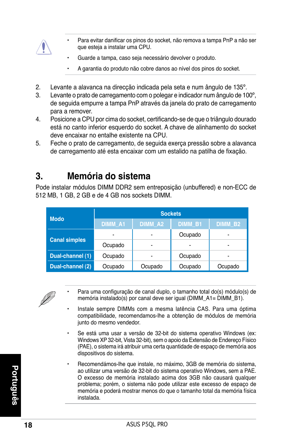 Memória do sistema, Português | Asus P5QL PRO User Manual | Page 18 / 38