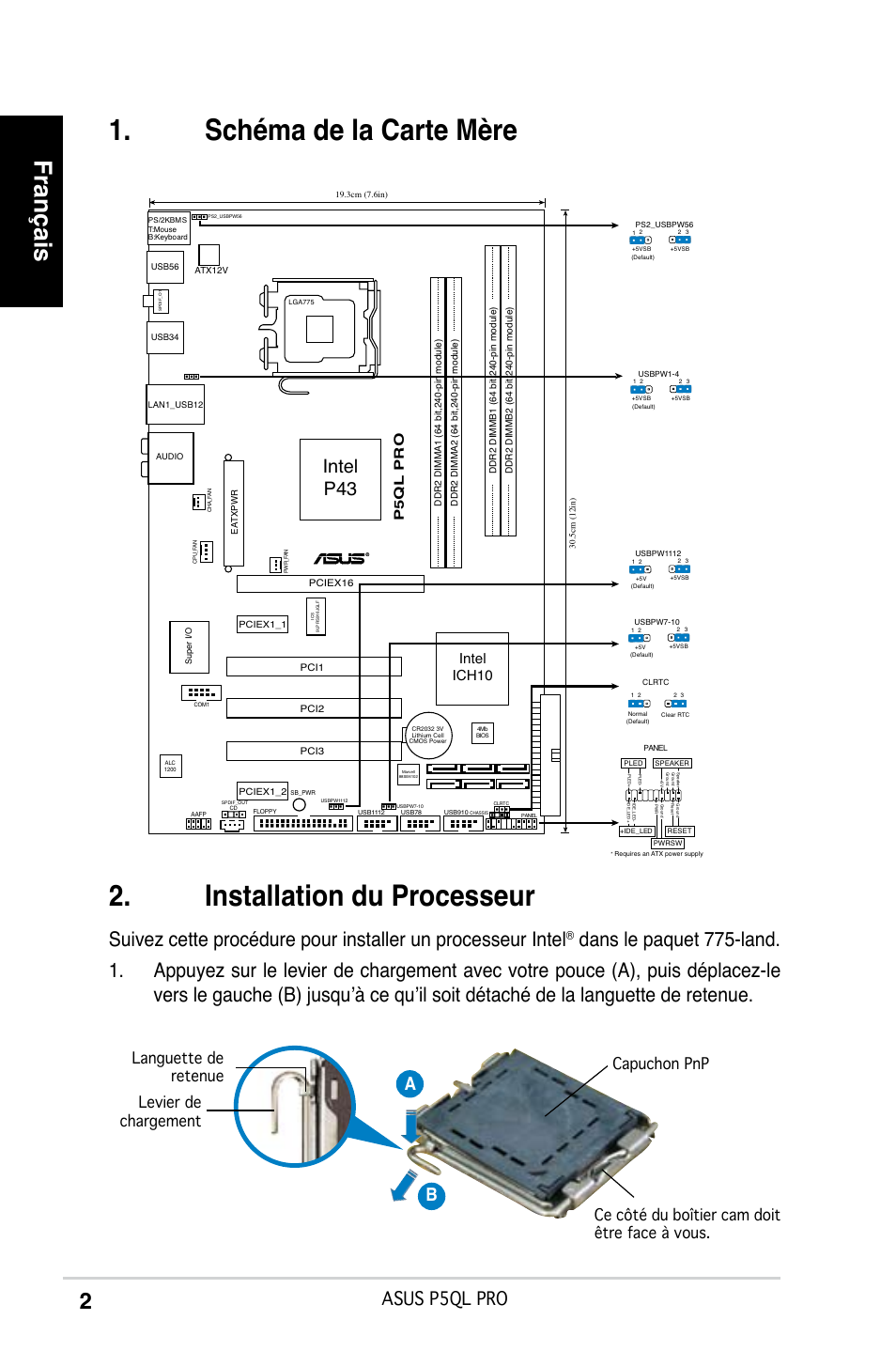 Schéma de la carte mère, Installation du processeur, Français | Intel p43, Asus p5ql pro, Intel ich10, P5ql pro | Asus P5QL PRO User Manual | Page 2 / 38