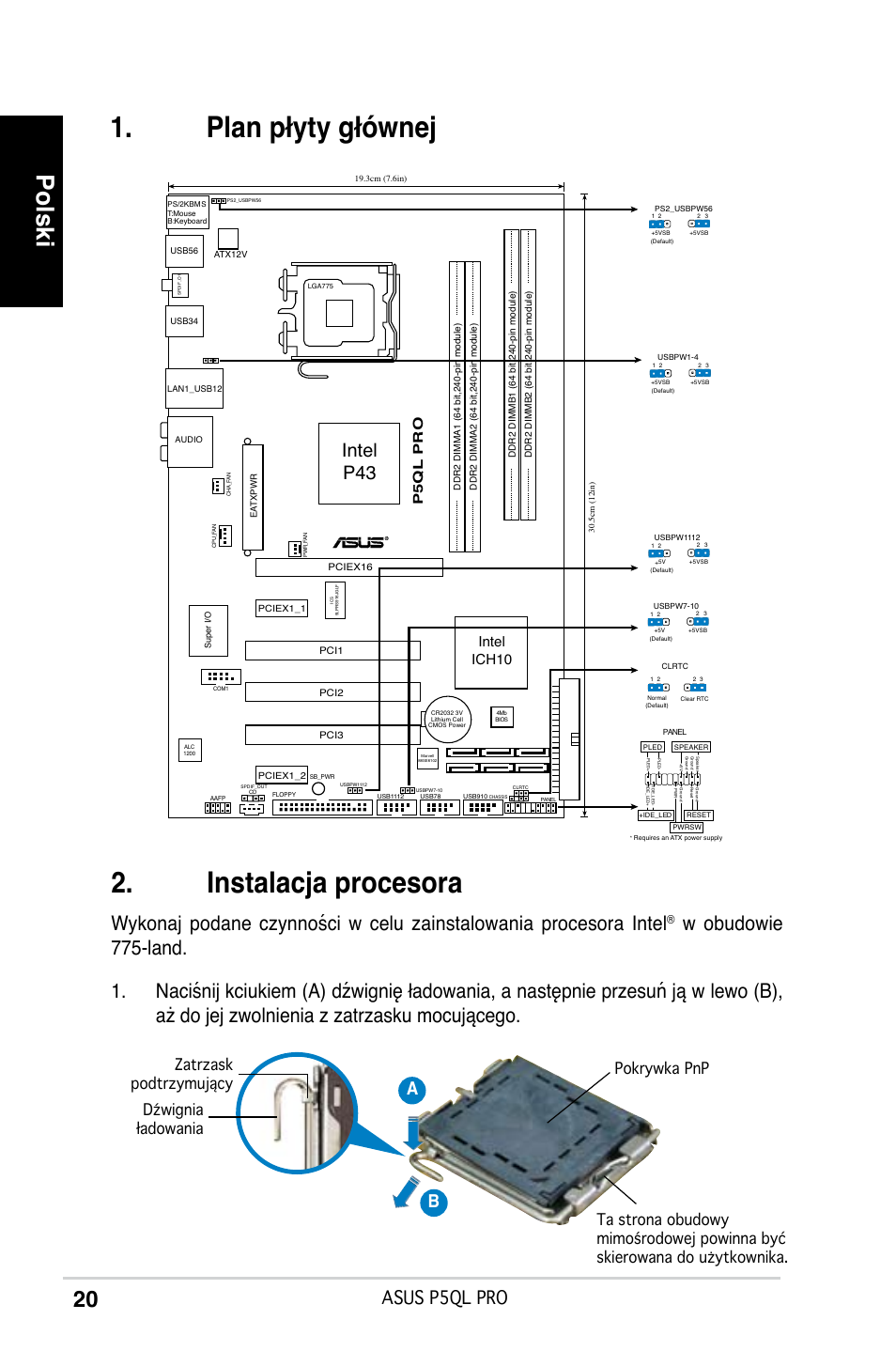 Plan płyty głównej, Instalacja procesora, Polski | Intel p43, Asus p5ql pro, Ab b, Intel ich10, P5ql pro | Asus P5QL PRO User Manual | Page 20 / 38