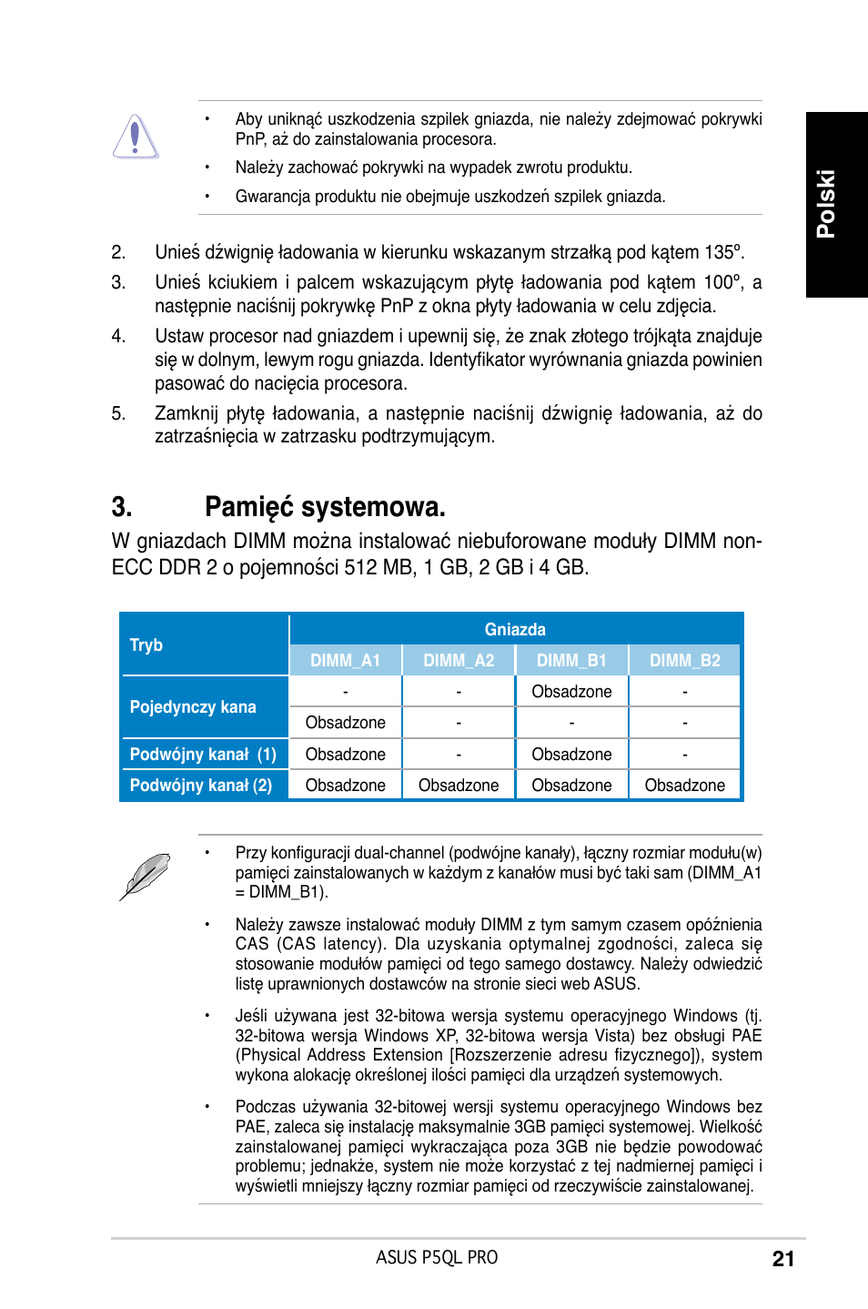 Pamięć systemowa, Polski | Asus P5QL PRO User Manual | Page 21 / 38