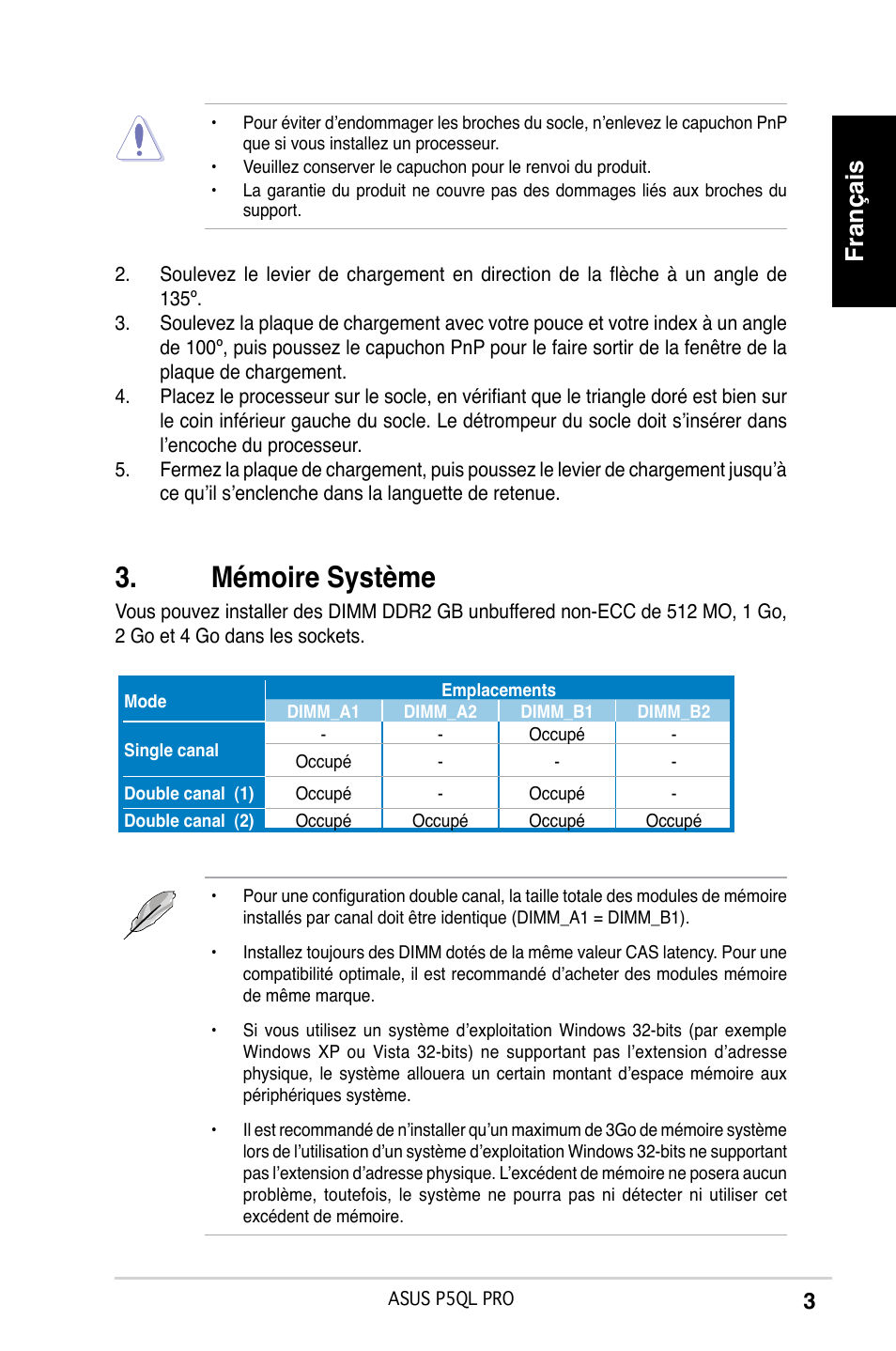 Mémoire système, Français | Asus P5QL PRO User Manual | Page 3 / 38