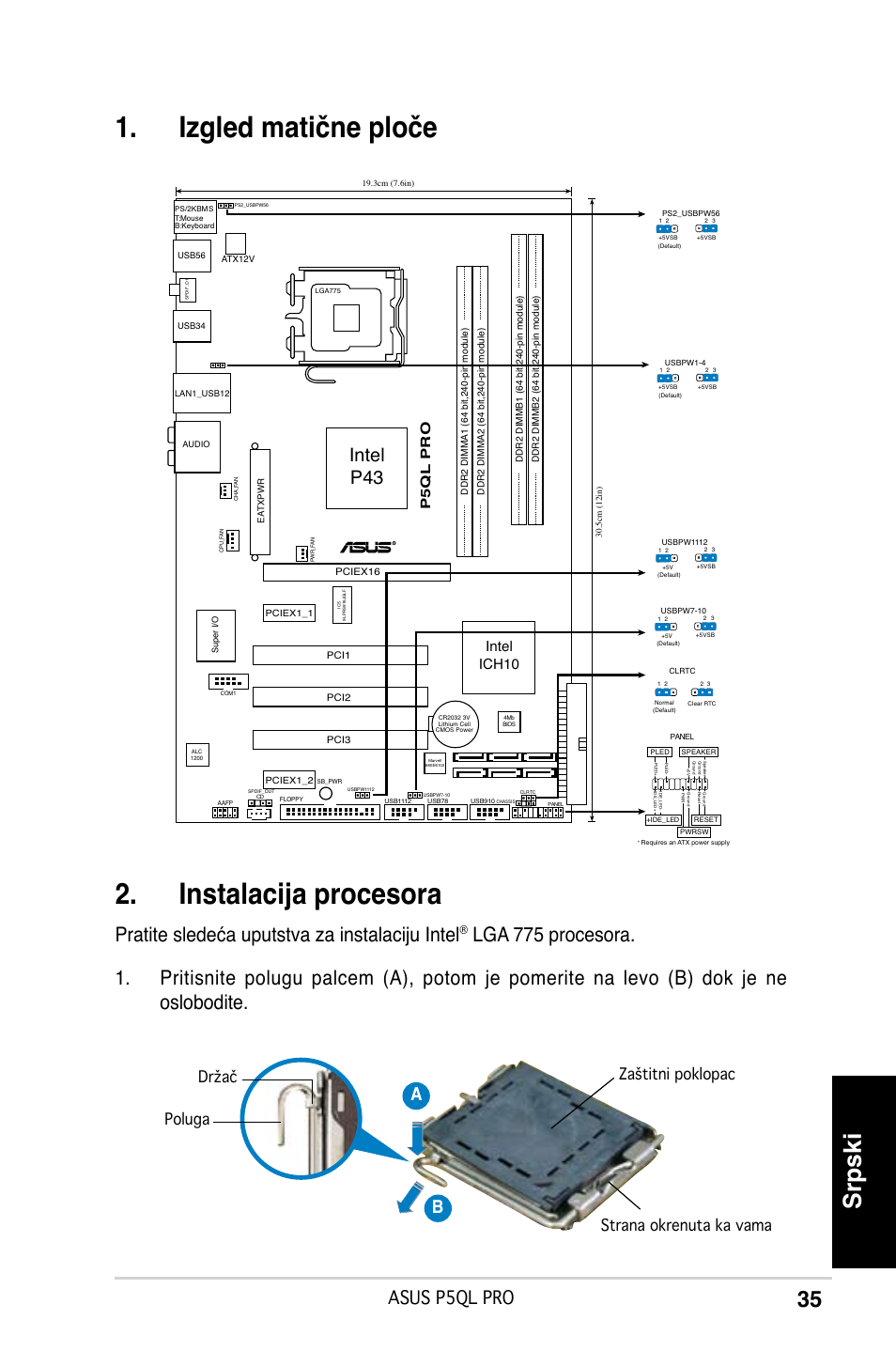 Izgled matične ploče, Instalacija procesora, Srpski | Pratite sledeća uputstva za instalaciju intel, Intel p43, Asus p5ql pro, Ab b, Intel ich10, P5ql pro | Asus P5QL PRO User Manual | Page 35 / 38