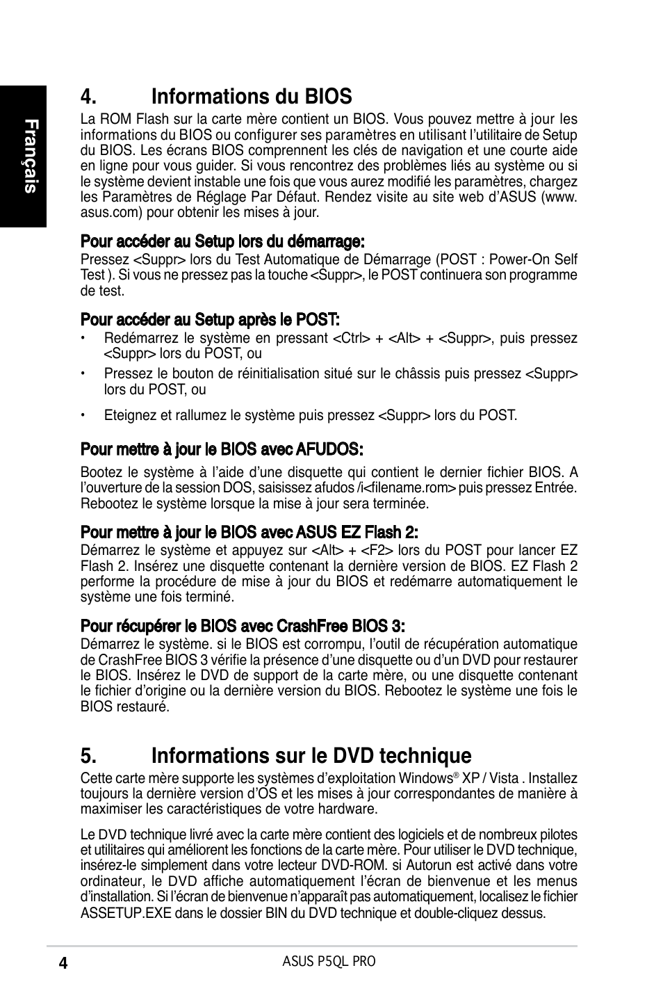 Informations du bios, Informations sur le dvd technique, Français | Asus P5QL PRO User Manual | Page 4 / 38