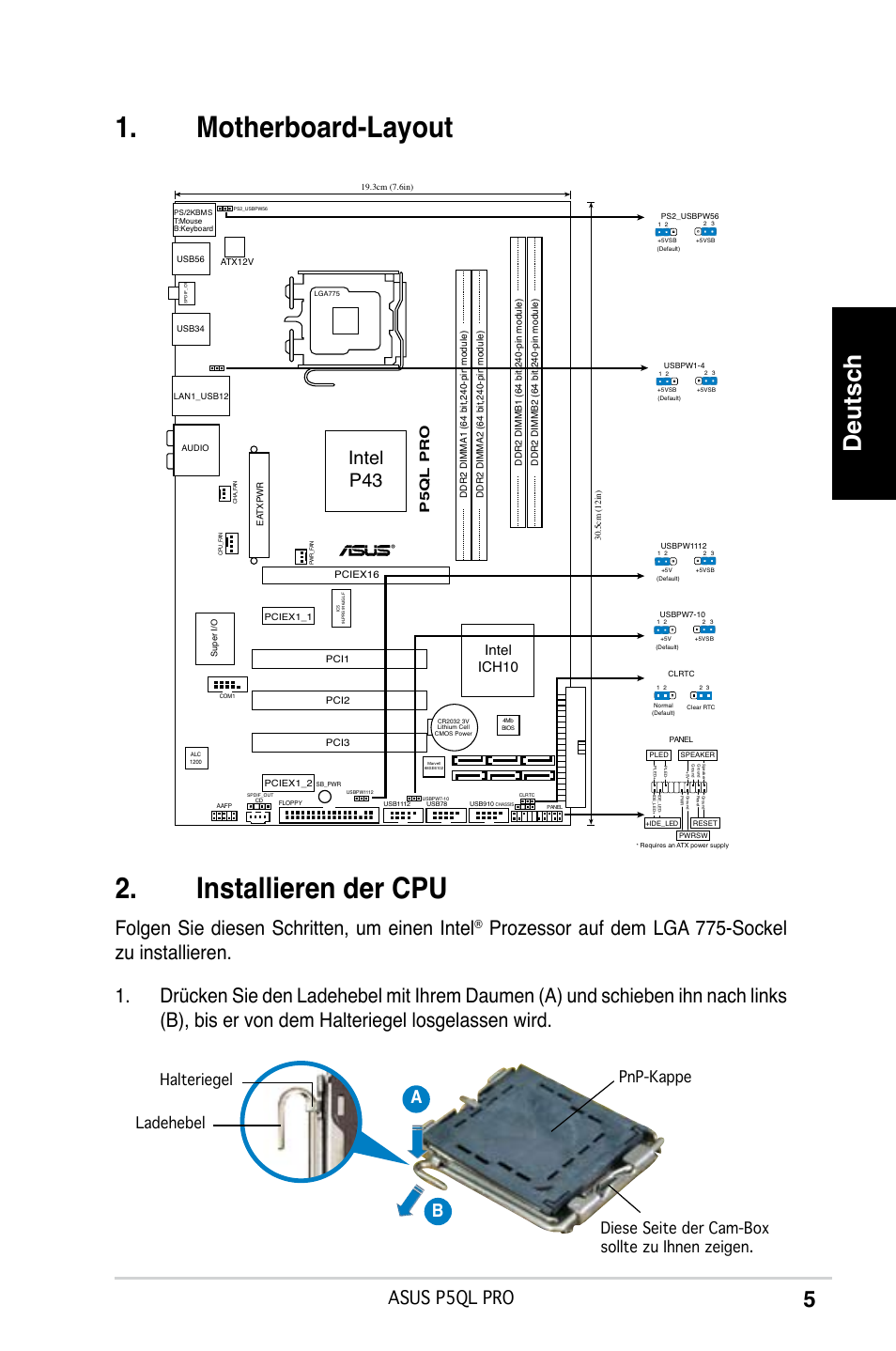 Motherboard-layout, Installieren der cpu, Deutsch | Folgen sie diesen schritten, um einen intel, Intel p43, Asus p5ql pro, Ab b, Intel ich10, P5ql pro | Asus P5QL PRO User Manual | Page 5 / 38