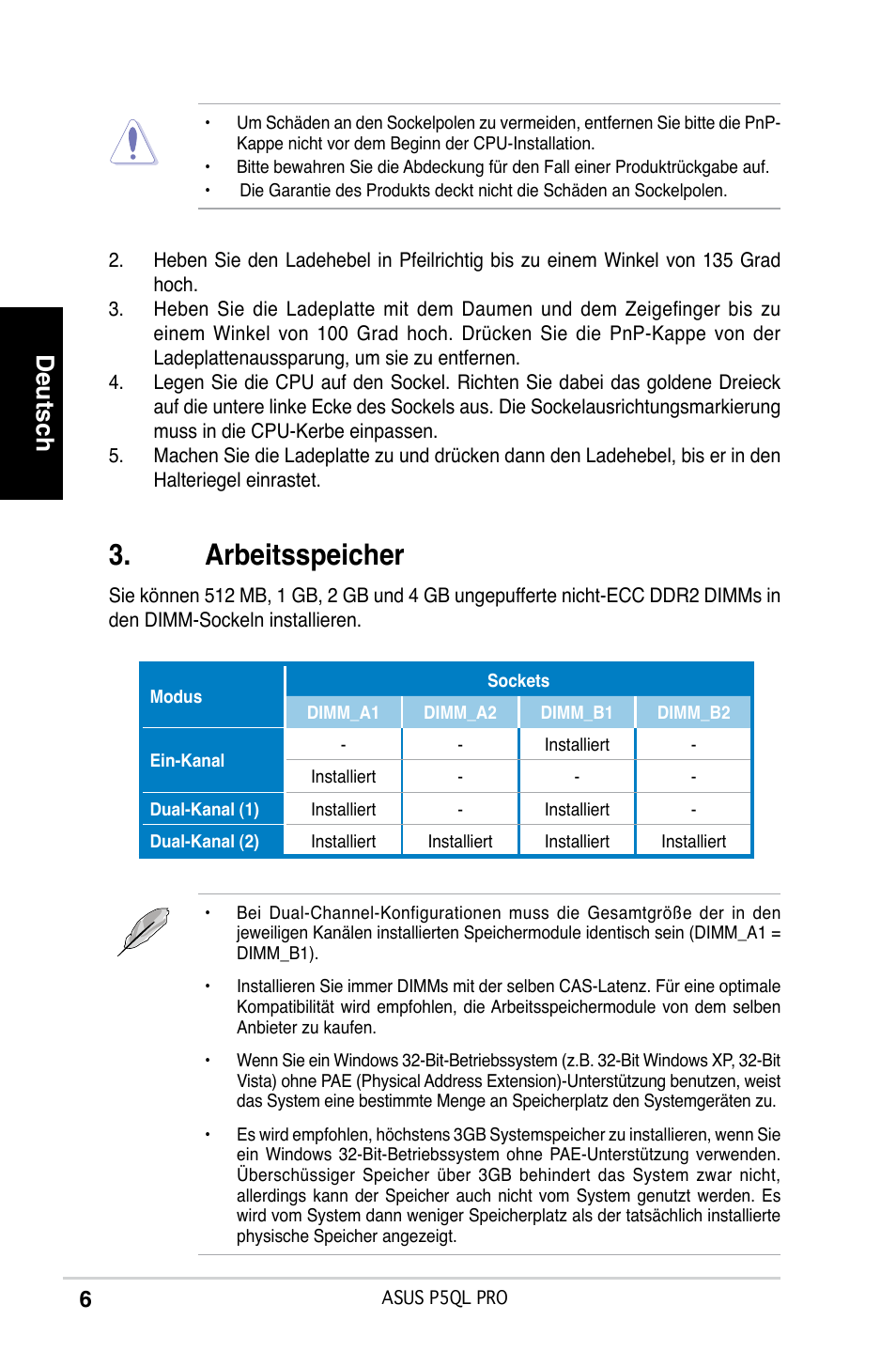 Arbeitsspeicher, Deutsch | Asus P5QL PRO User Manual | Page 6 / 38