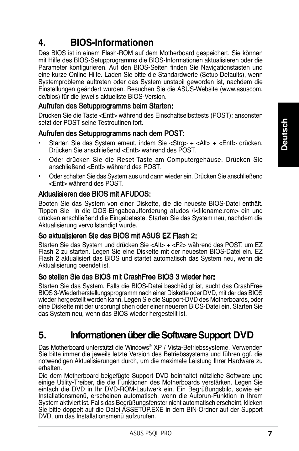 Bios-informationen, Informationen über die software support dvd, Deutsch | Asus P5QL PRO User Manual | Page 7 / 38