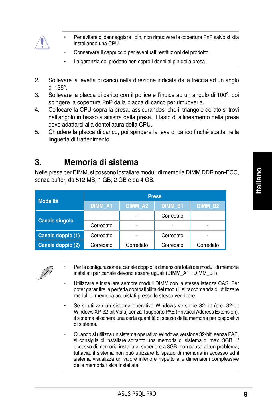 Italiano | Asus P5QL PRO User Manual | Page 9 / 38