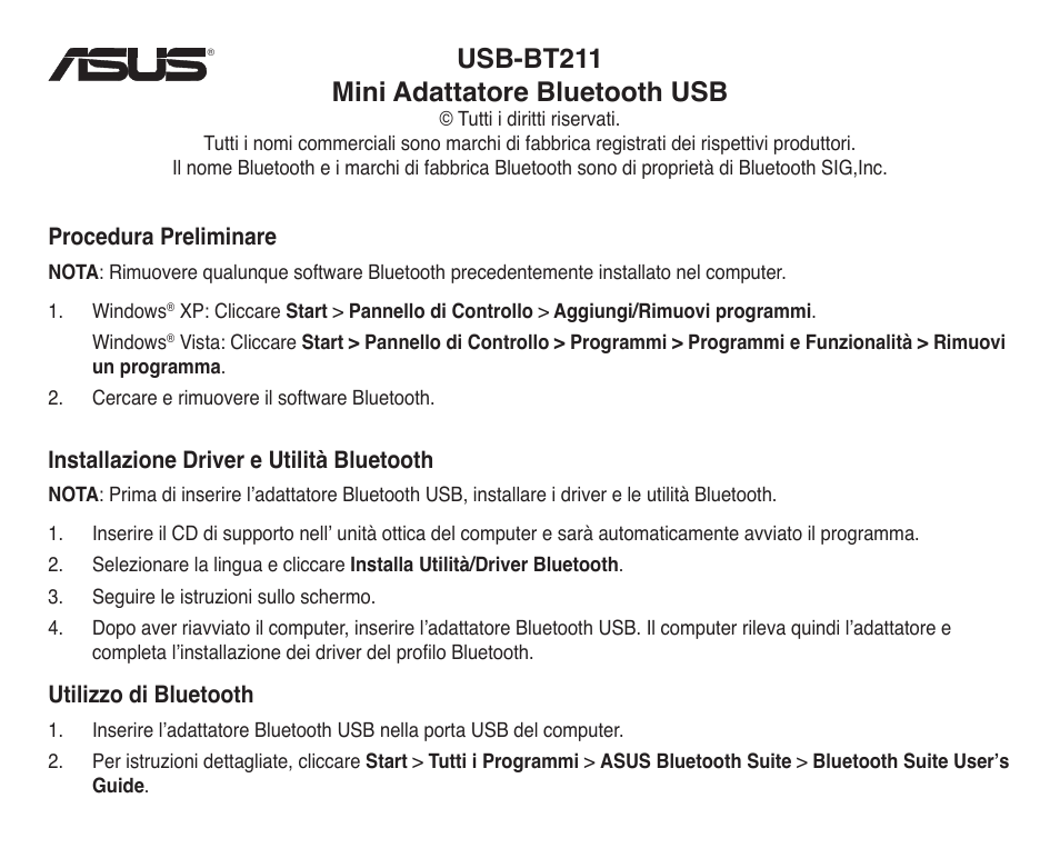 Usb-bt211 mini adattatore bluetooth usb | Asus USB-BT211 User Manual | Page 12 / 30