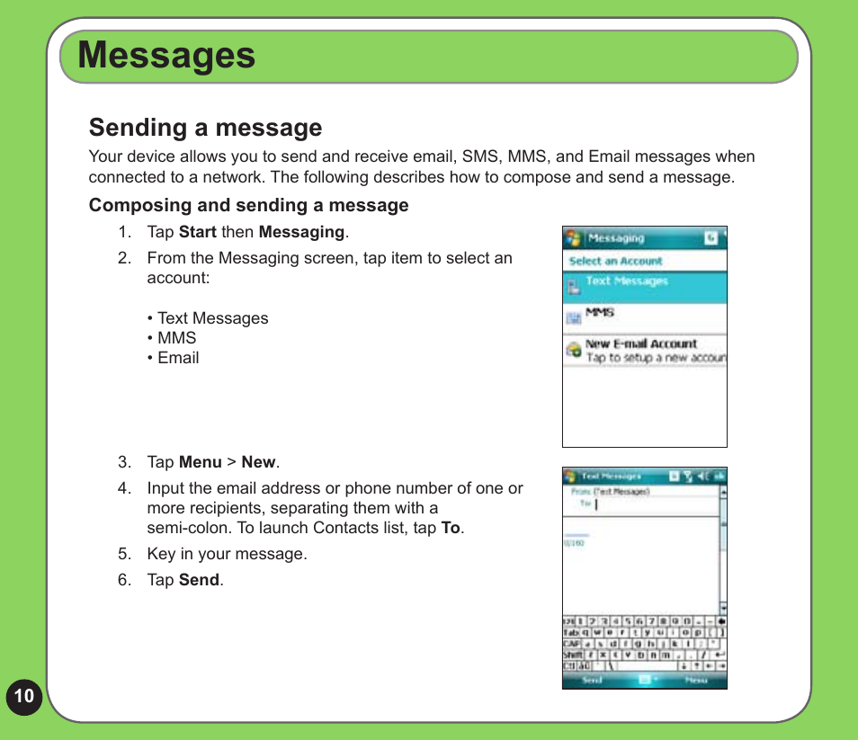 Messages, Sending a message | Asus P526 User Manual | Page 10 / 24