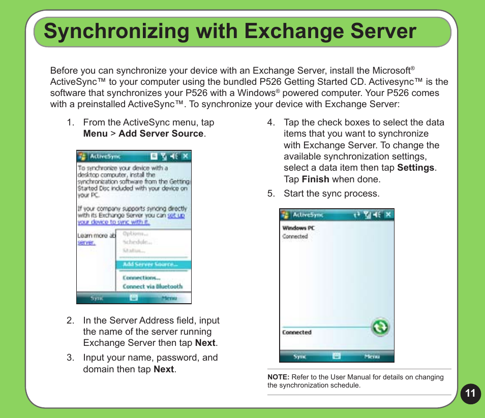 Synchronizing with exchange server | Asus P526 User Manual | Page 11 / 24