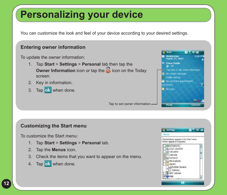 Personalizing your device | Asus P526 User Manual | Page 12 / 24