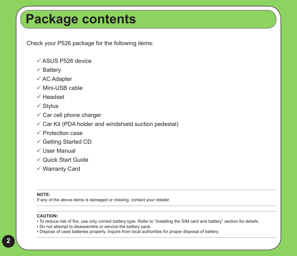 Package contents | Asus P526 User Manual | Page 2 / 24