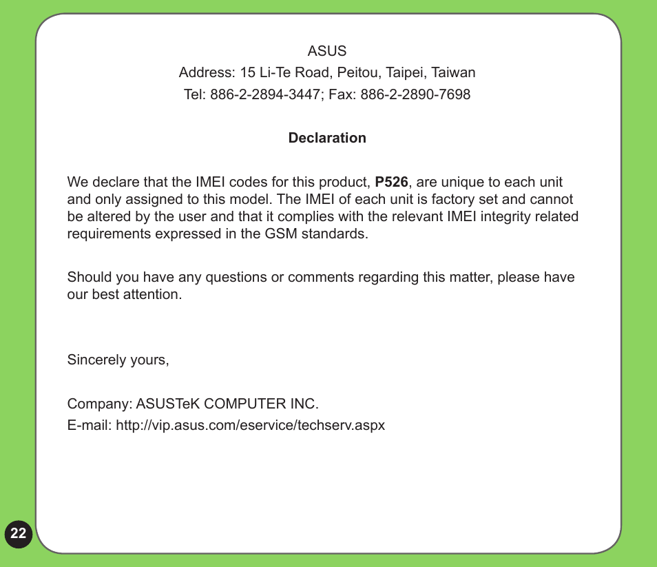 Asus P526 User Manual | Page 22 / 24