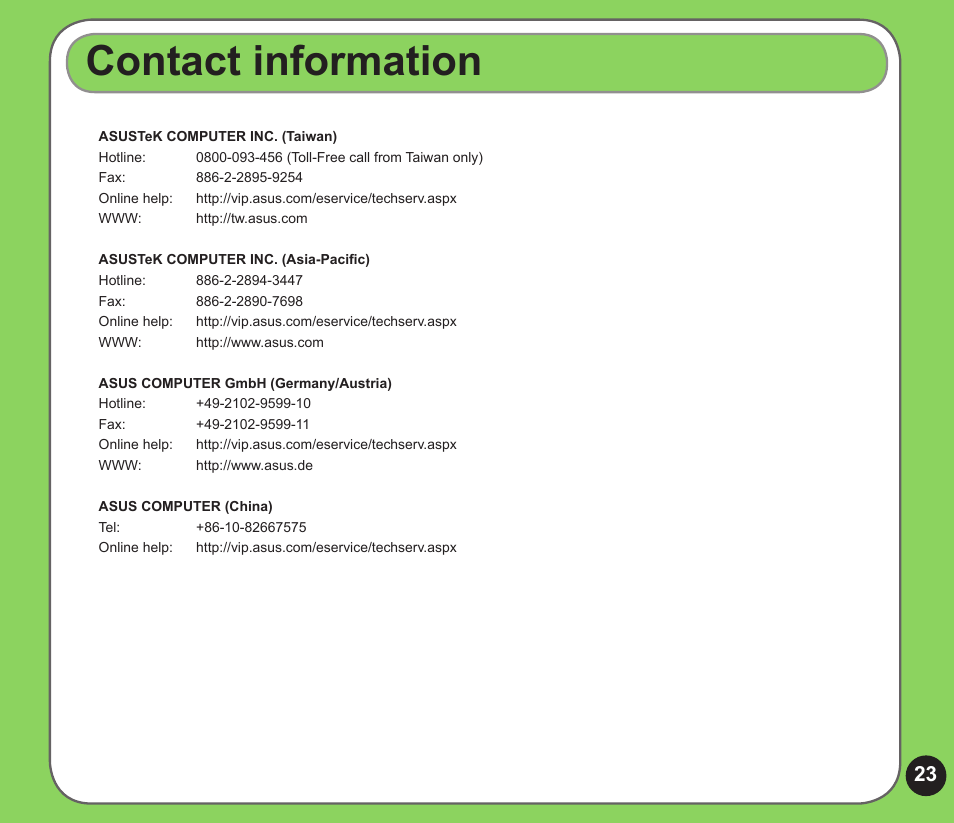 Contact information | Asus P526 User Manual | Page 23 / 24