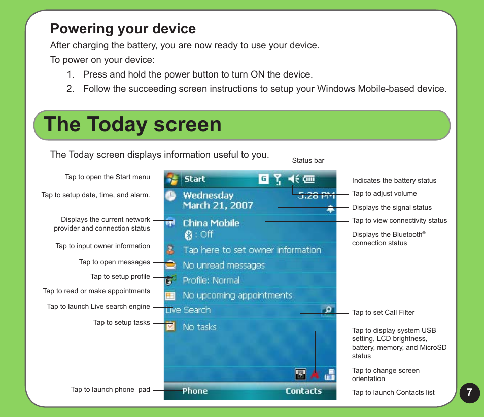 The today screen, Powering your device | Asus P526 User Manual | Page 7 / 24