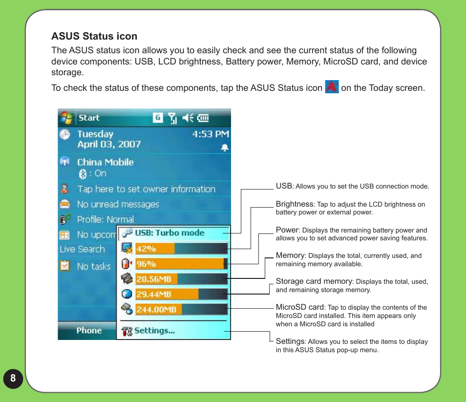 8asus status icon | Asus P526 User Manual | Page 8 / 24