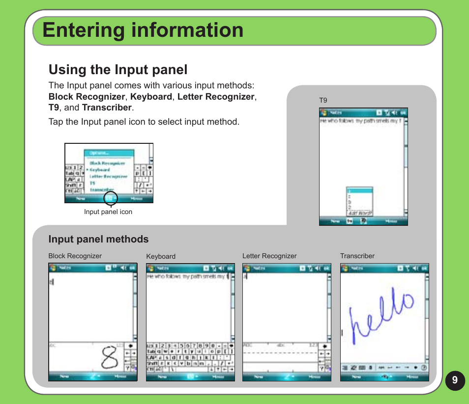 Entering information, Using the input panel | Asus P526 User Manual | Page 9 / 24
