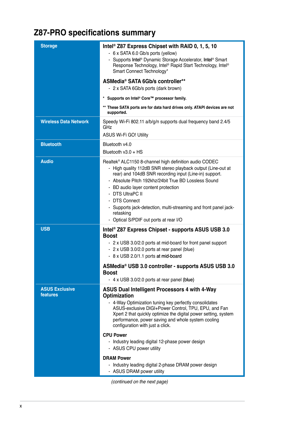 Z87-pro specifications summary | Asus Z87-PRO User Manual | Page 10 / 168