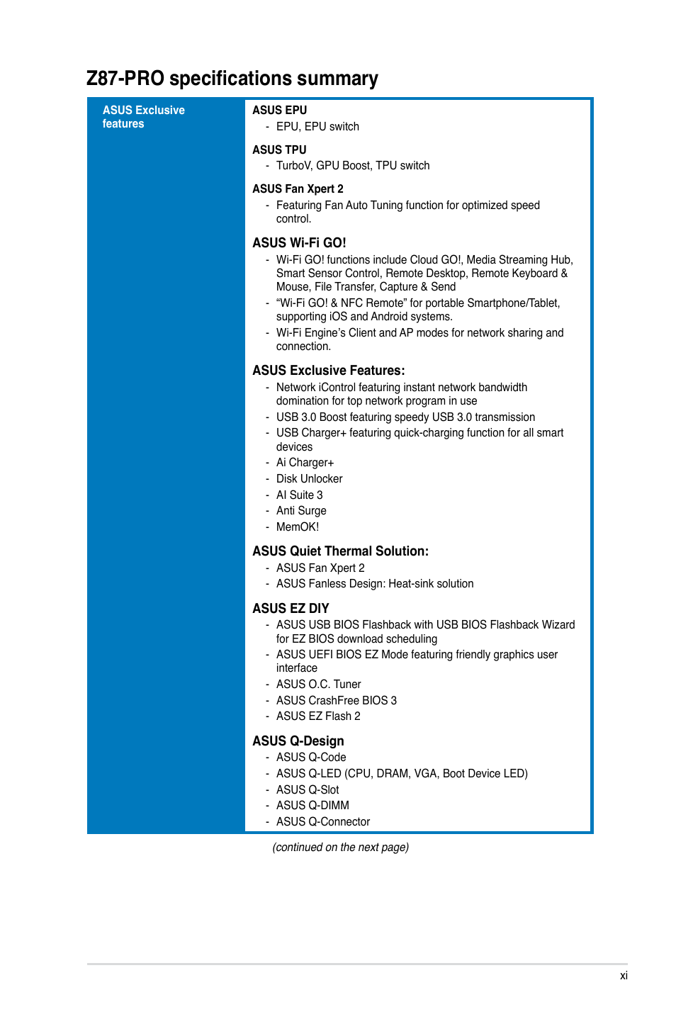 Z87-pro specifications summary | Asus Z87-PRO User Manual | Page 11 / 168