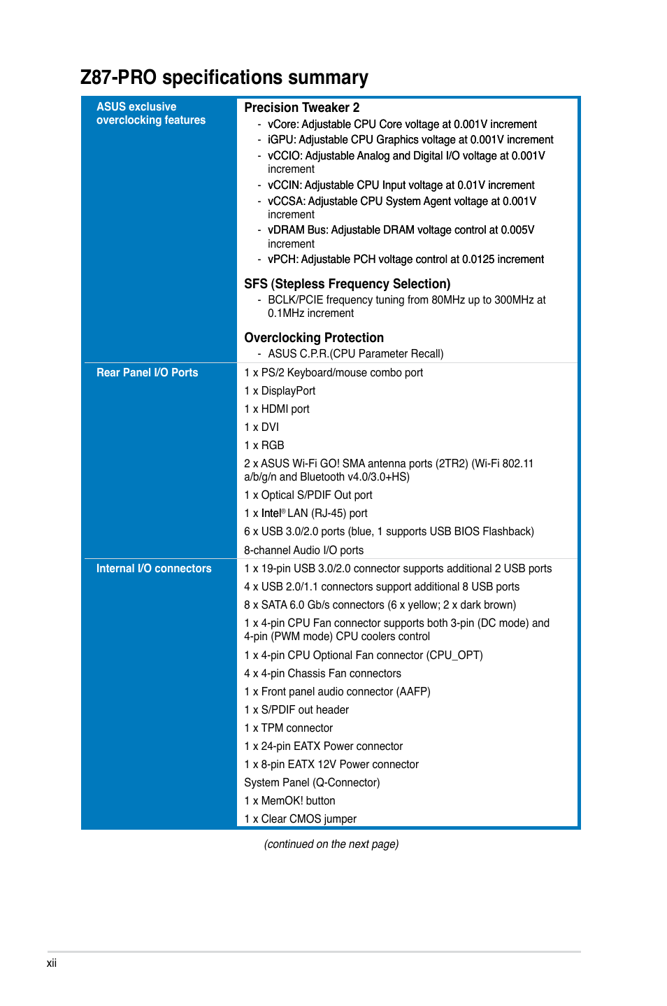 Z87-pro specifications summary | Asus Z87-PRO User Manual | Page 12 / 168