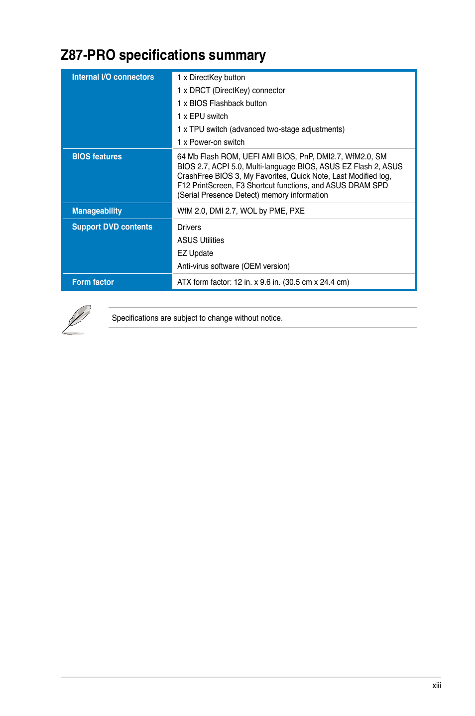 Z87-pro specifications summary | Asus Z87-PRO User Manual | Page 13 / 168