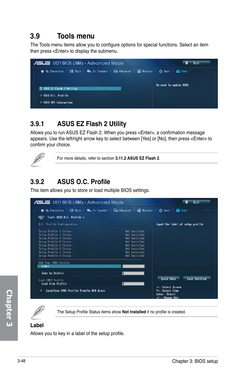 9 tools menu, 1 asus ez flash 2 utility, 2 asus o.c. profile | Tools menu -48 3.9.1, Asus ez flash 2 utility -48, Asus o.c. profile -48, Chapter 3 3.9 tools menu | Asus Z87-PRO User Manual | Page 130 / 168