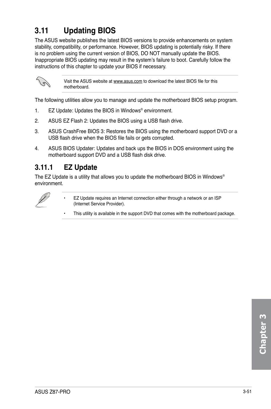 11 updating bios, 1 ez update, Updating bios -51 3.11.1 | Ez update -51, Chapter 3 3.11 updating bios | Asus Z87-PRO User Manual | Page 133 / 168