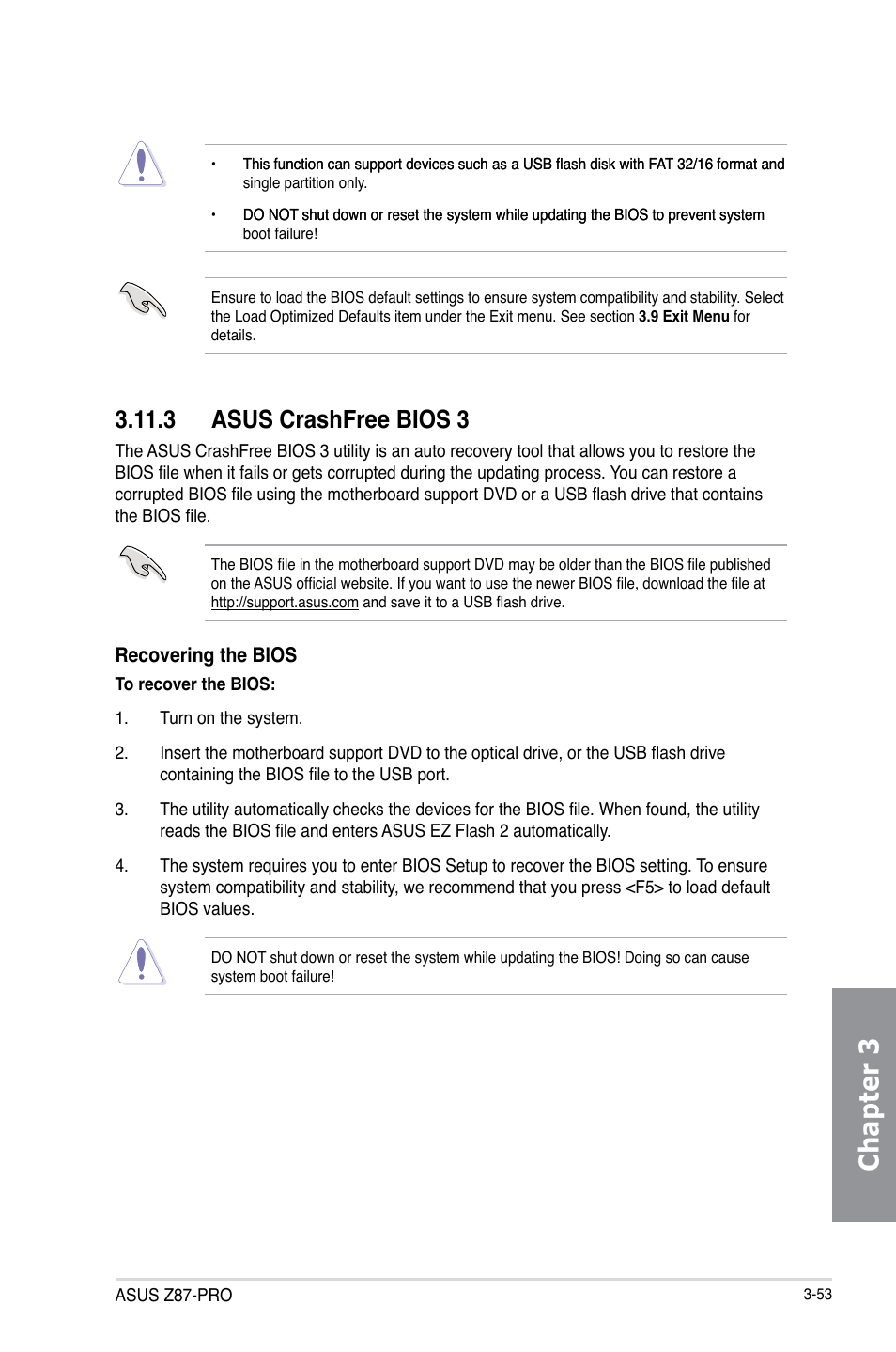 3 asus crashfree bios 3, Asus crashfree bios 3 -53, Chapter 3 | Asus Z87-PRO User Manual | Page 135 / 168