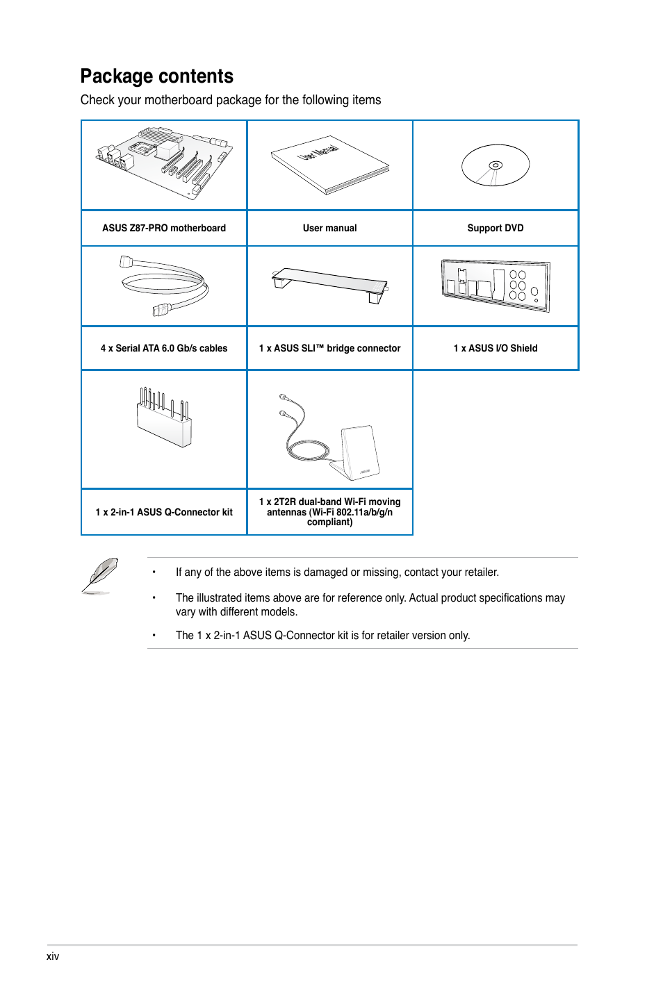 Package contents | Asus Z87-PRO User Manual | Page 14 / 168