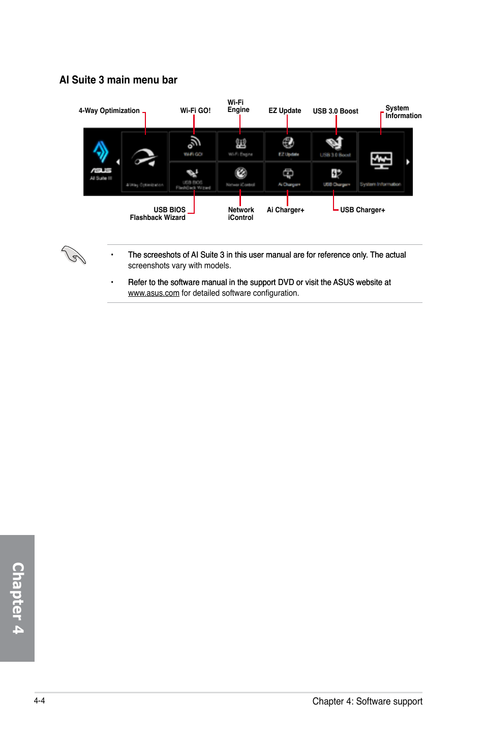 Chapter 4, Ai suite 3 main menu bar | Asus Z87-PRO User Manual | Page 142 / 168