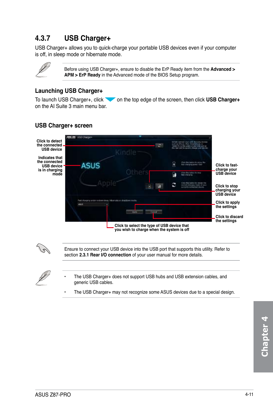 7 usb charger, Usb charger+ -11, Chapter 4 | Launching usb charger, Usb charger+ screen | Asus Z87-PRO User Manual | Page 149 / 168