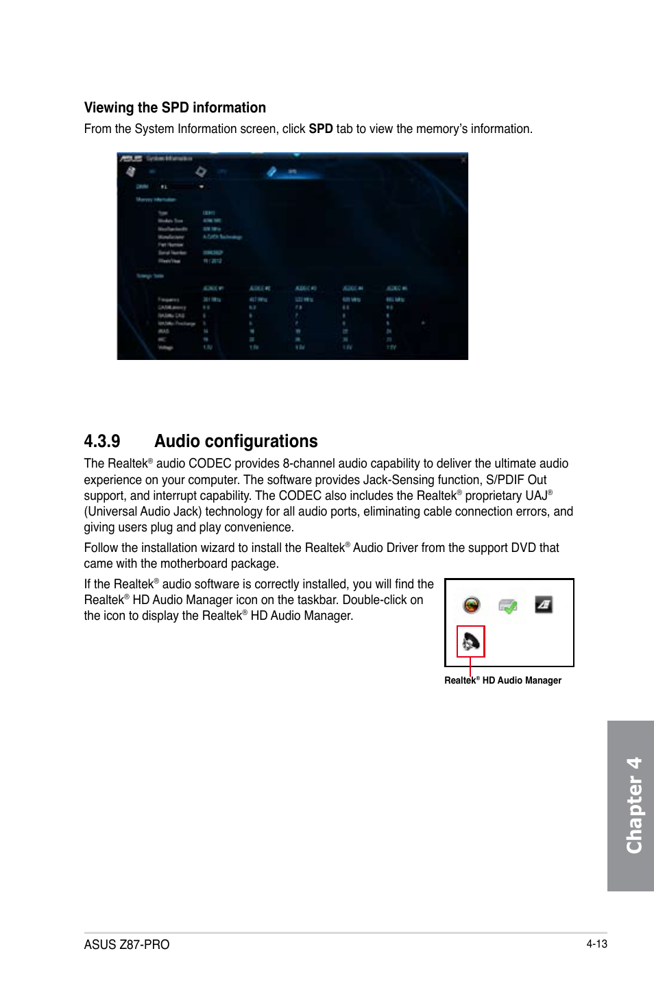 9 audio configurations, Audio configurations -13, Chapter 4 | Viewing the spd information | Asus Z87-PRO User Manual | Page 151 / 168