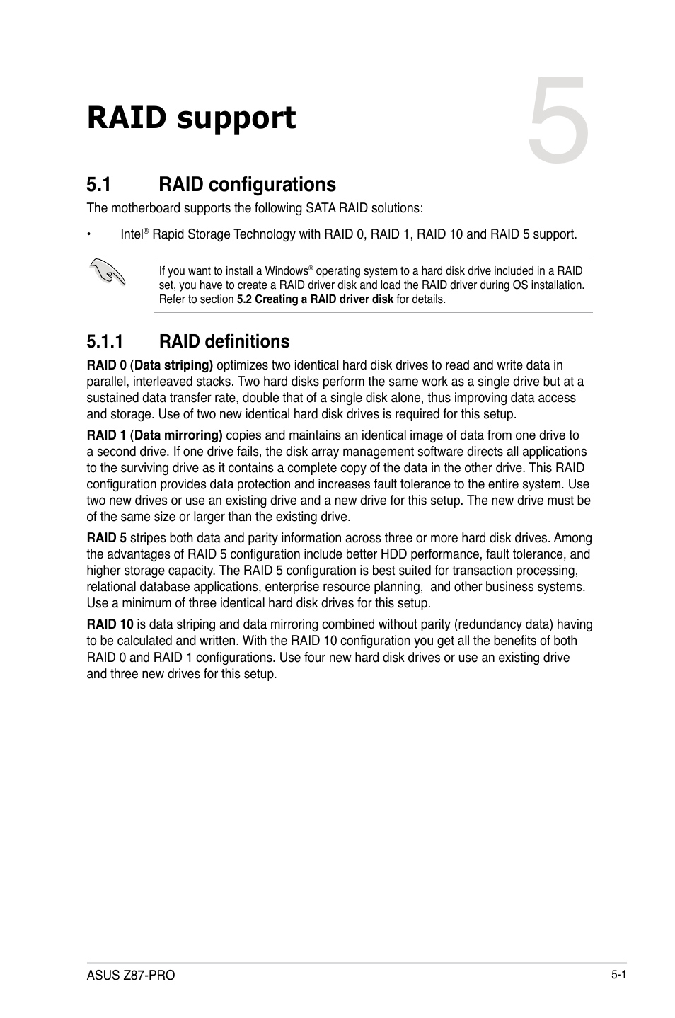 Chapter 5: raid support, 1 raid configurations, 1 raid definitions | Chapter 5, Raid support, Raid configurations -1 5.1.1, Raid definitions -1 | Asus Z87-PRO User Manual | Page 155 / 168