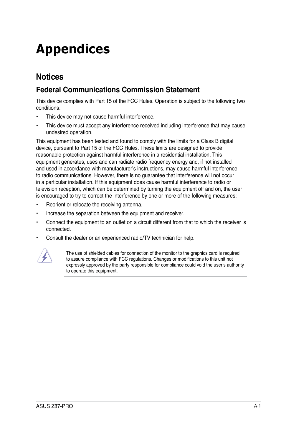 Appendices, Notices, Federal communications commission statement | Asus Z87-PRO User Manual | Page 163 / 168