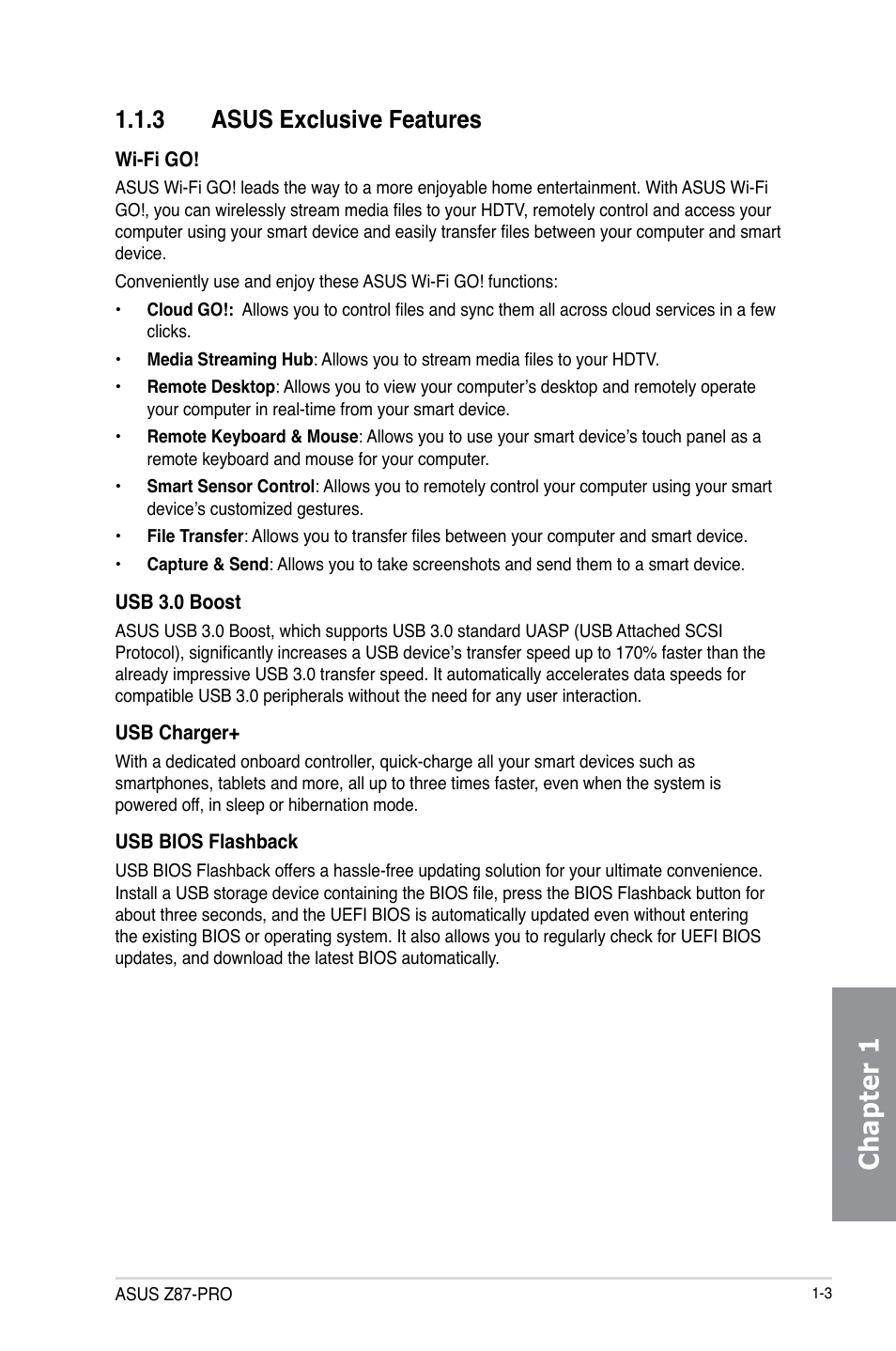 3 asus exclusive features, Asus exclusive features -3, Chapter 1 | Asus Z87-PRO User Manual | Page 19 / 168