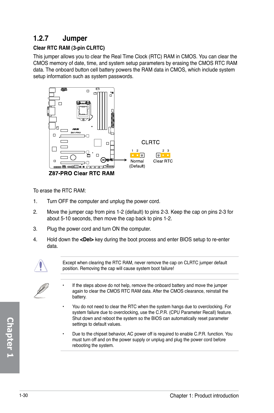 7 jumper, Jumper -30, Chapter 1 | Asus Z87-PRO User Manual | Page 46 / 168