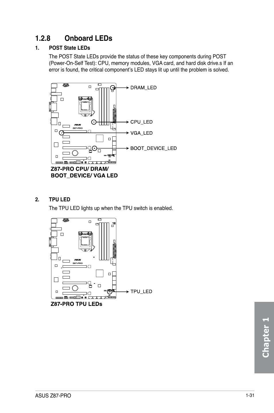 8 onboard leds, Onboard leds -31, Chapter 1 | Asus Z87-PRO User Manual | Page 47 / 168