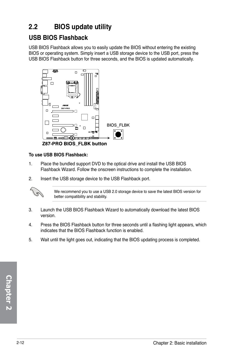 2 bios update utility, Bios update utility -12, Chapter 2 2.2 bios update utility | Usb bios flashback | Asus Z87-PRO User Manual | Page 74 / 168