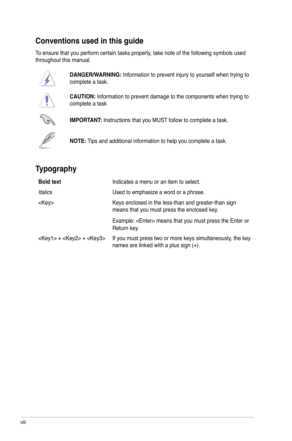 Conventions used in this guide, Typography | Asus Z87-PRO User Manual | Page 8 / 168