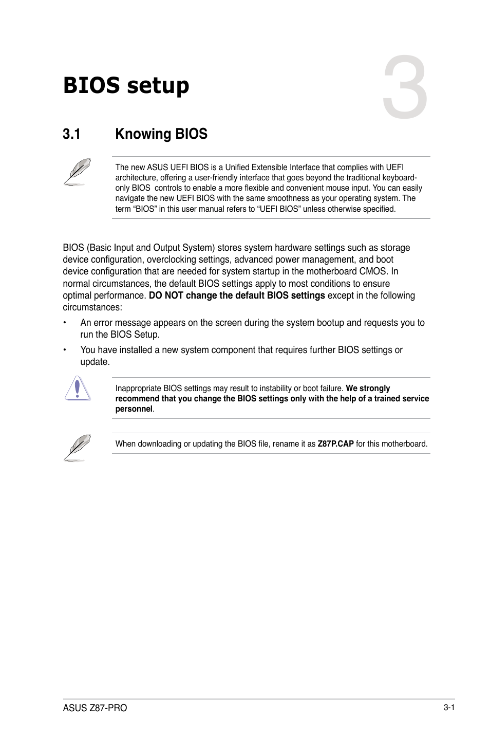 Chapter 3: bios setup, 1 knowing bios, Chapter 3 | Bios setup, Knowing bios -1 | Asus Z87-PRO User Manual | Page 83 / 168