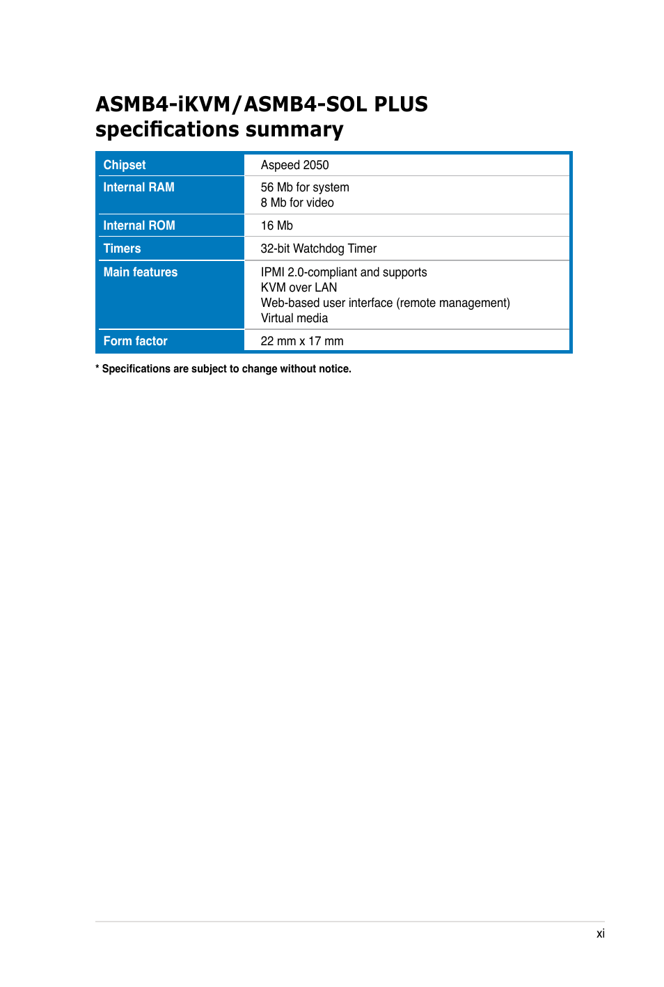 Asmb4-ikvm/asmb4-sol plus specifications summary | Asus ASMB4-iKVM User Manual | Page 11 / 84