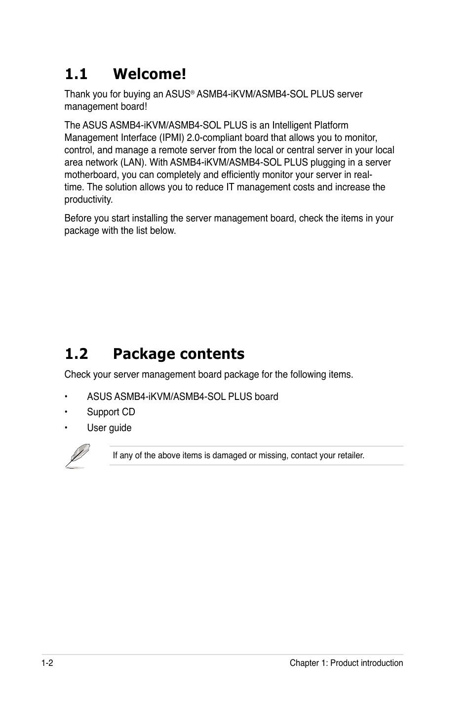 1 welcome, 2 package contents | Asus ASMB4-iKVM User Manual | Page 14 / 84