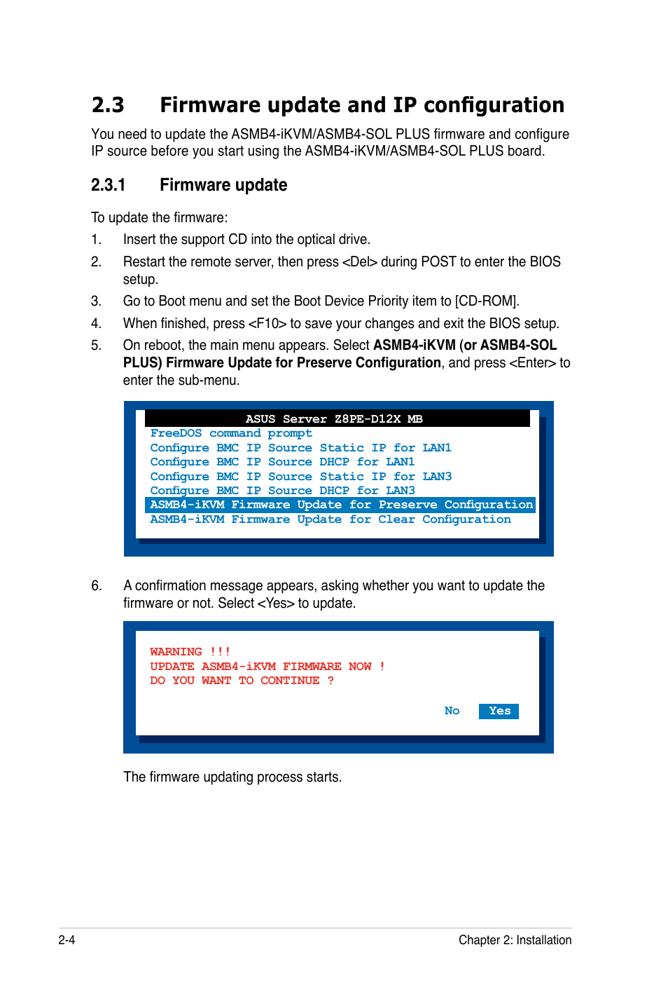 3 firmware update and ip configuration, 1 firmware update | Asus ASMB4-iKVM User Manual | Page 22 / 84