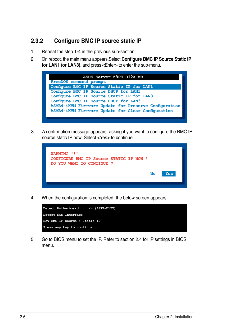 2 configure bmc ip source static ip | Asus ASMB4-iKVM User Manual | Page 24 / 84