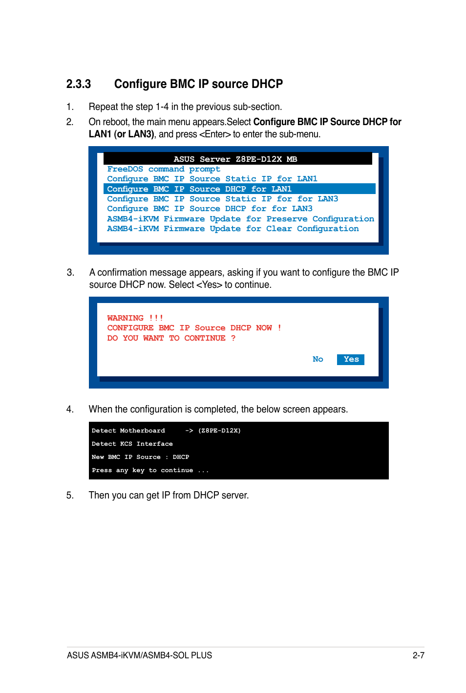 3 configure bmc ip source dhcp | Asus ASMB4-iKVM User Manual | Page 25 / 84