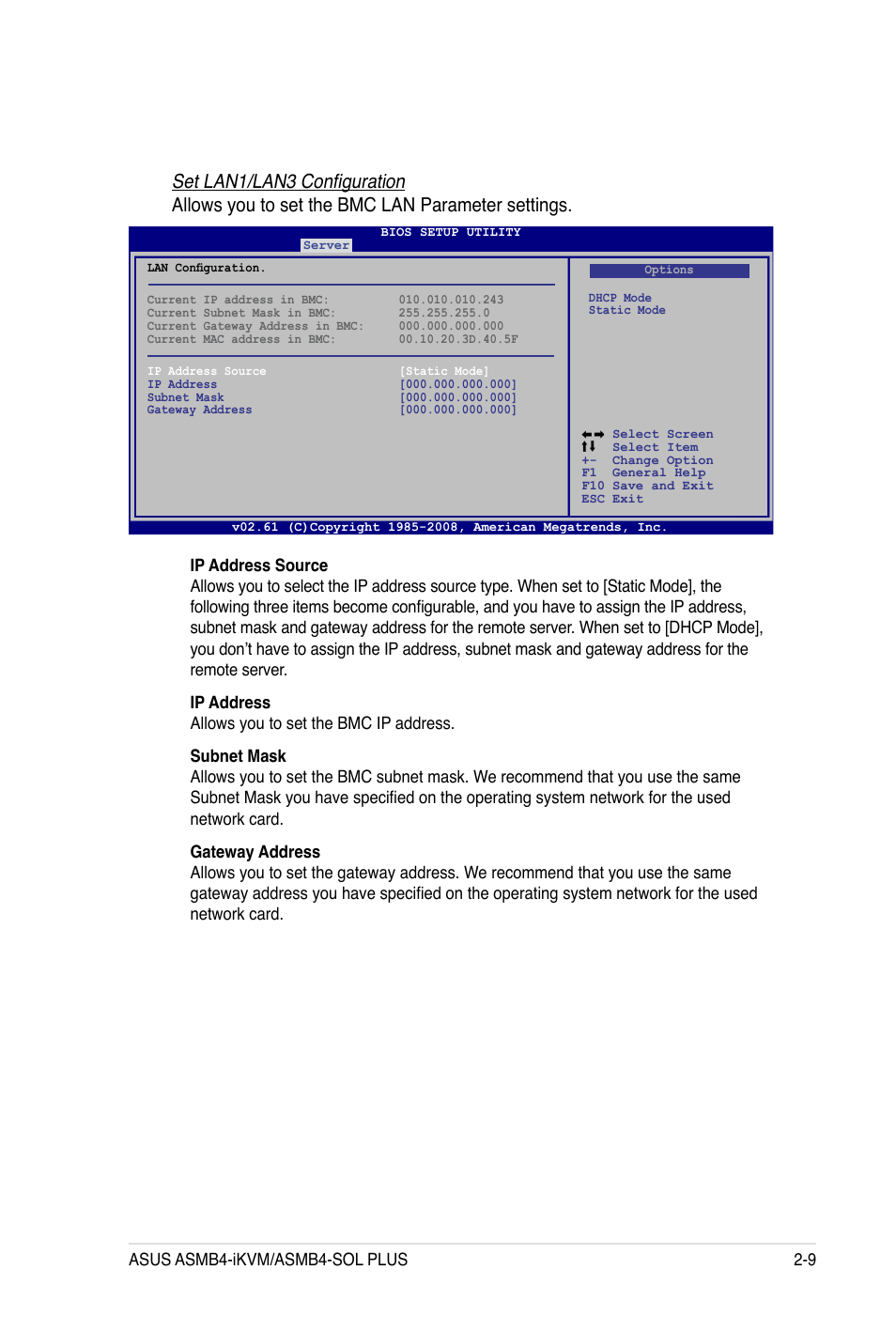 Set lan1/lan3 configuration, Allows you to set the bmc lan parameter settings | Asus ASMB4-iKVM User Manual | Page 27 / 84