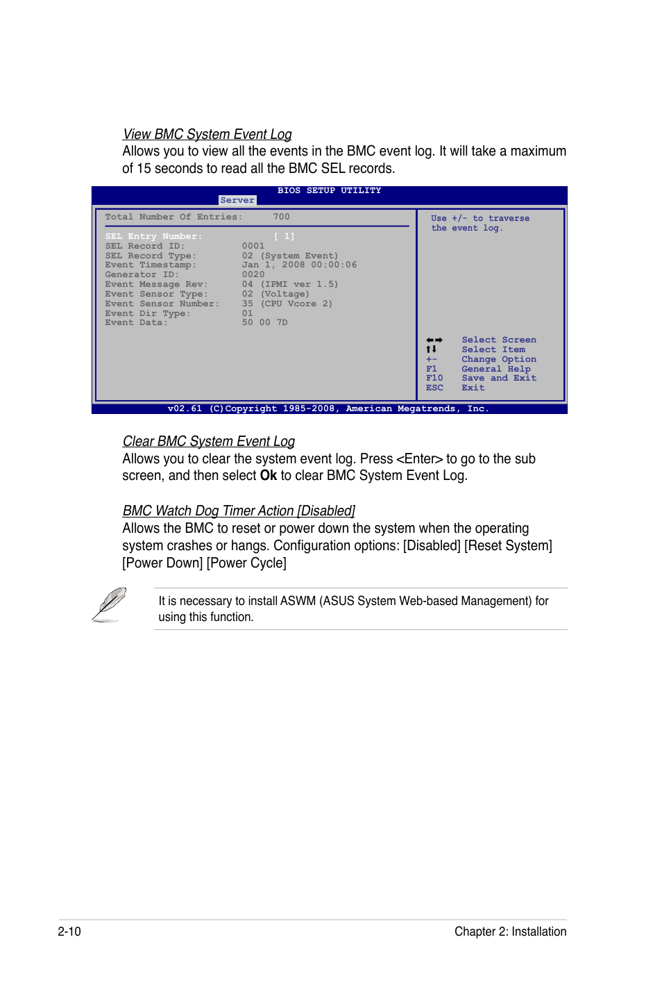 View bmc system event log, Clear bmc system event log, Bmc watch dog timer action [disabled | Asus ASMB4-iKVM User Manual | Page 28 / 84