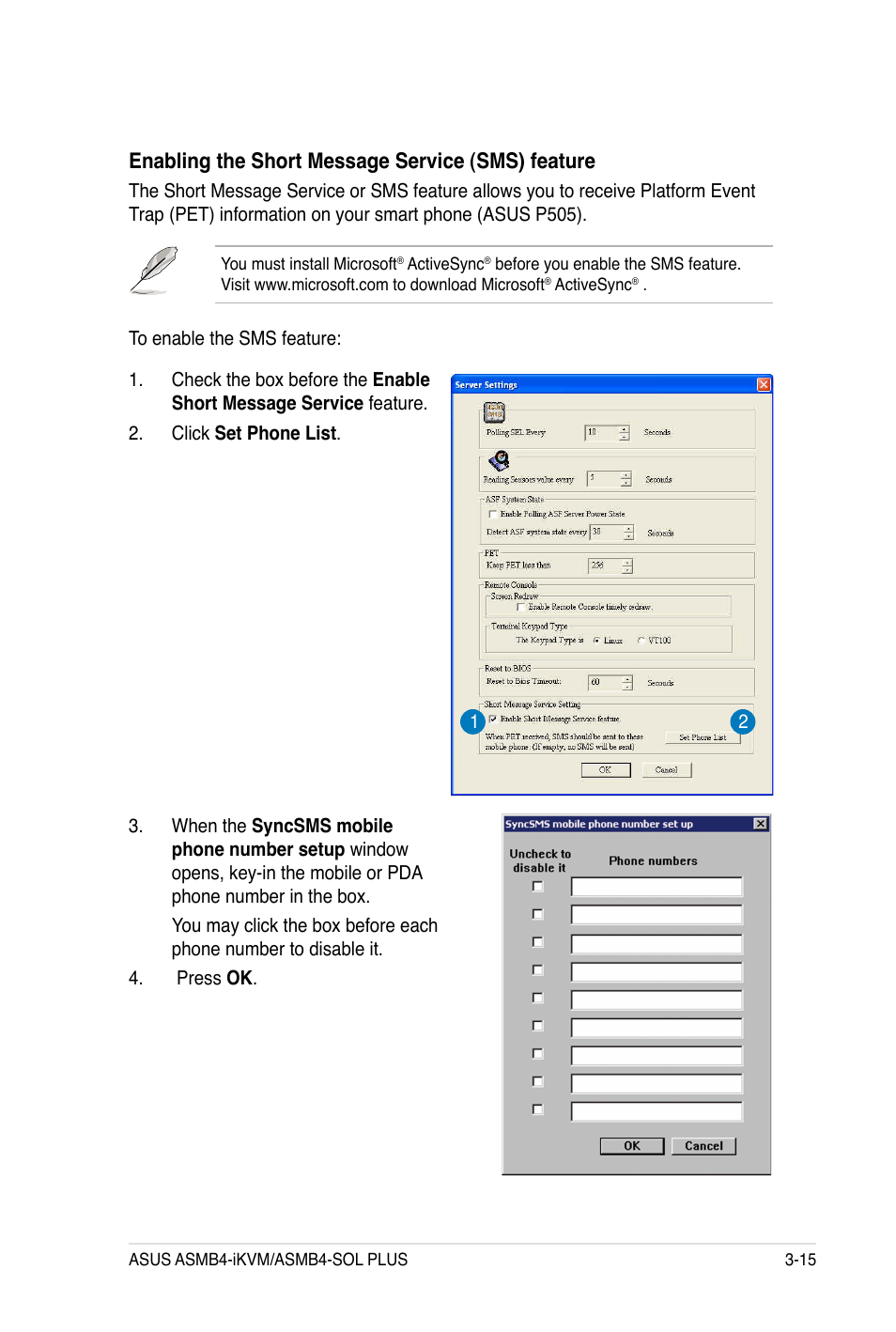 Enabling the short message service (sms) feature | Asus ASMB4-iKVM User Manual | Page 49 / 84