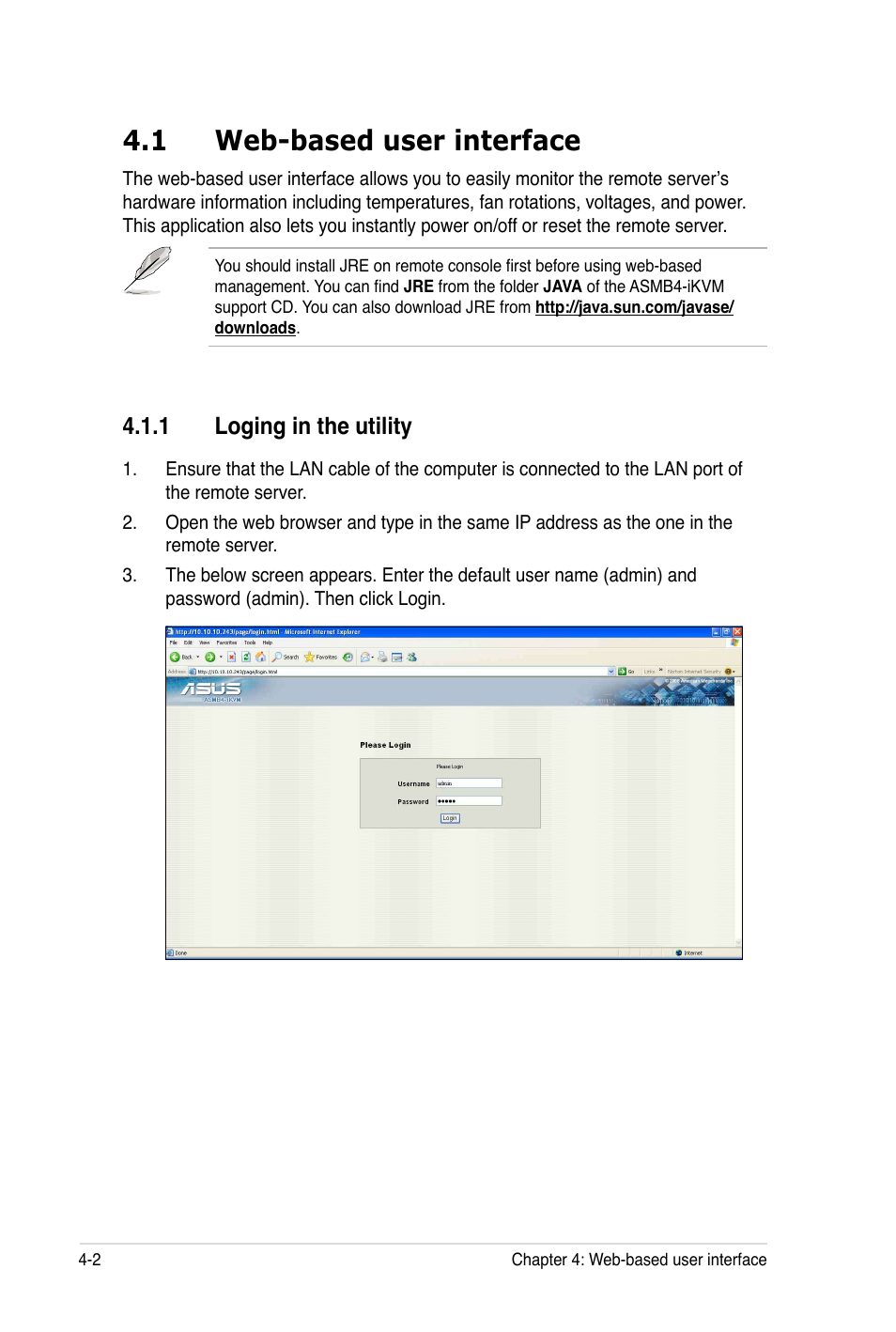 1 web-based user interface, 1 loging in the utility | Asus ASMB4-iKVM User Manual | Page 62 / 84