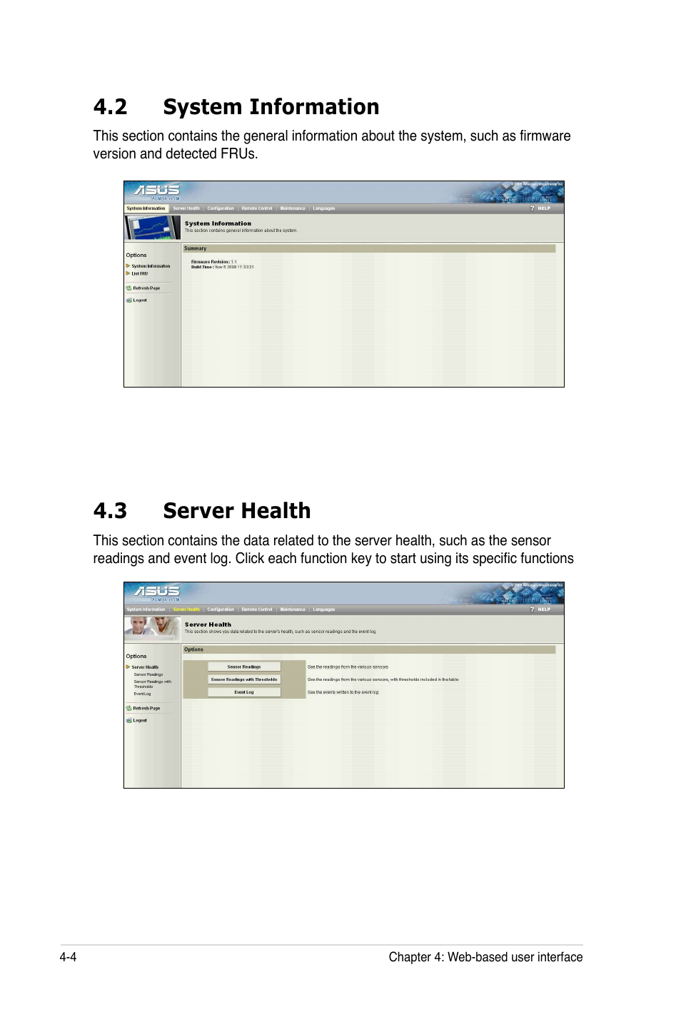 2 system information, 3 server health | Asus ASMB4-iKVM User Manual | Page 64 / 84